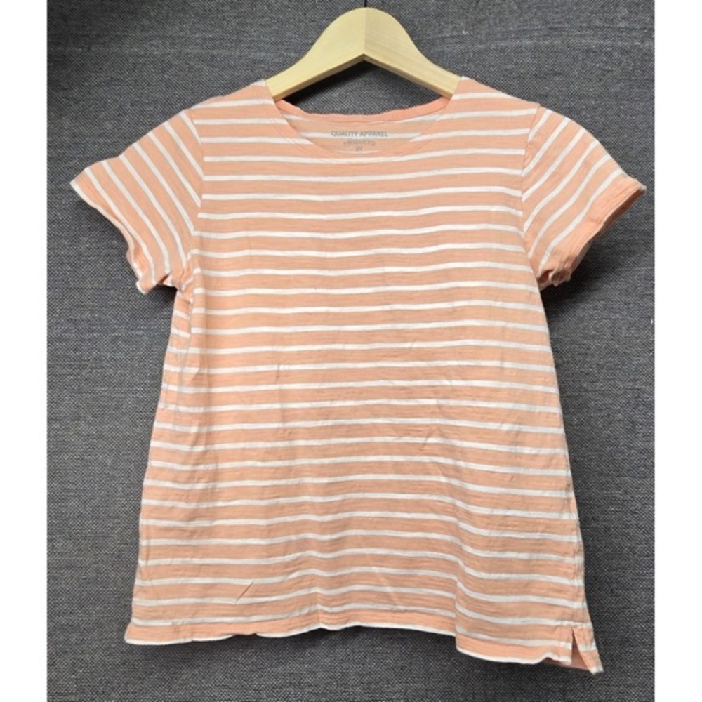 Giordano Womens Striped Short‎ Sleeve T-Shirt Peach White Crew Neck Size S